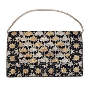 Vintage Zardozi Evening Bag Black Velveteen Gold Silver Clutch Purse